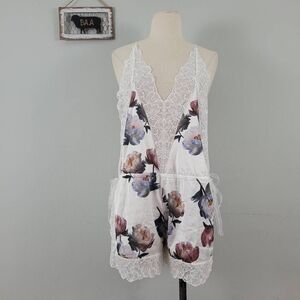 Noblesse Oblige Side Tie Floral Silk Blend Romper Sz S Wide Lace French Cut